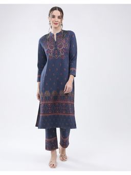 Monte Carlo - Navy Blue Women Straight Fit Printed Band Neck Winter Kurta with Pant