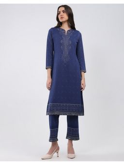 Monte Carlo - Blue Women Straight Fit Printed Round Neck Winter Kurta with Pant