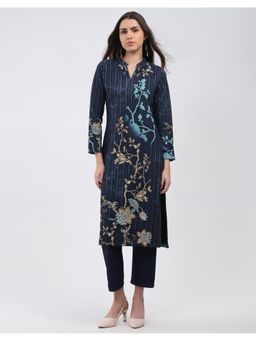 Monte Carlo - Blue Women Straight Fit Floral Mandarin Neck Winter Kurta with Pant