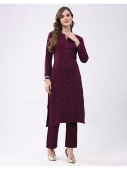 Monte Carlo - Wine Women Straight Fit Self Designed Mandarin Neck Winter Kurta with Pant