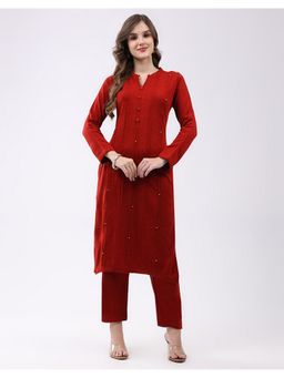 Monte Carlo - Red Women Straight Fit Self Designed Mandarin Neck Winter Kurta with Pant