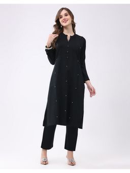 Monte Carlo - Black Women Straight Fit Self Designed Mandarin Neck Winter Kurta with Pant