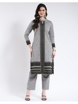 Monte Carlo - Grey Women Straight Fit Printed Band Neck Winter Kurta with Pant