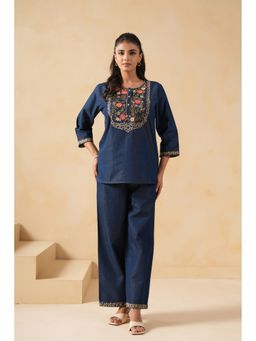 SAVI - Dark Blue Denim Embroidered Co-Ord Set