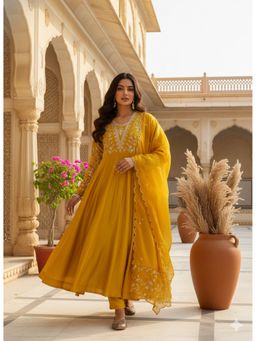 MOKOSH - Mustard Women Embroidered Anarkali Kurta With Pant and Dupatta