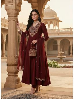 MOKOSH - Maroon Women Embroidered Anarkali Kurta With Pant and Dupatta