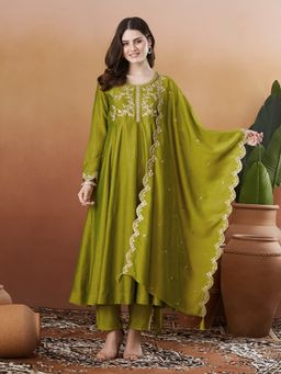 MOKOSH - Green Women Embroidered Anarkali Kurta With Pant And Dupatta