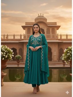 MOKOSH - Teal Women Embroidered Anarkali Kurta With Pant And Dupatta