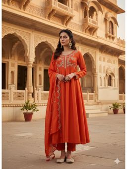 MOKOSH - Orange Women Embroidered Anarkali Kurta With Pant And Dupatta