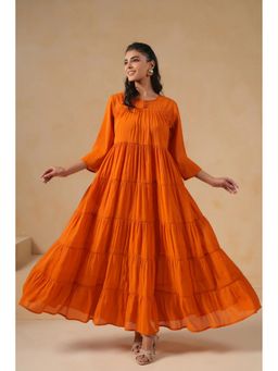 SAVI - Poly Silk Orange Flared Designer Dress
