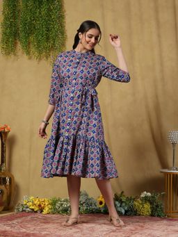 Garden VARELI - Navy Blue Ikkat Geometric Printed Cotton A-Line Dress with Belt