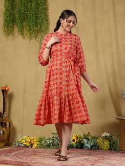 Garden VARELI - Red Ikkat Geometric Printed Cotton A-Line Dress with Belt