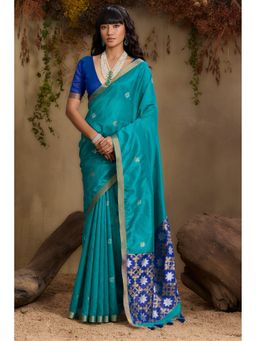 Mysilklove - Trypan Blue Tussar Handloom Silk Saree With Unstitched Blouse