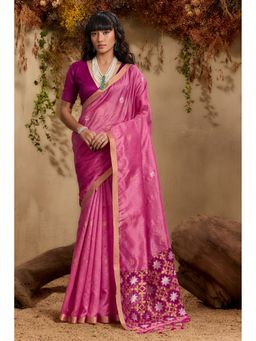 Mysilklove - Ultra Pink Tussar Handloom Silk Saree With Unstitched Blouse