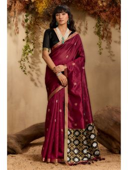 Mysilklove - Mahogany Maroon Tussar Handloom Silk Saree With Unstitched Blouse