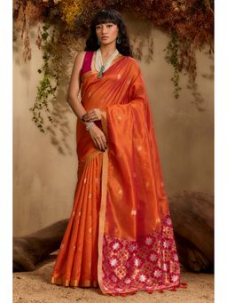 Mysilklove - Bronze Orange Tussar Handloom Silk Saree With Unstitched Blouse