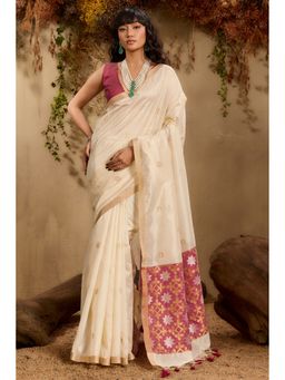 Mysilklove - Titan White Tussar Handloom Silk Saree With Unstitched Blouse