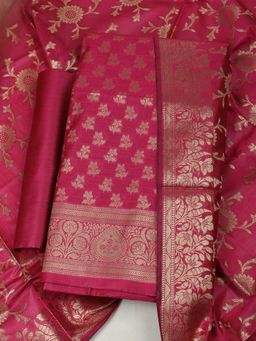 MEENA BAZAAR - Women Woven Pink Chanderi Unstitched Kurta with Bottom and Dupatta