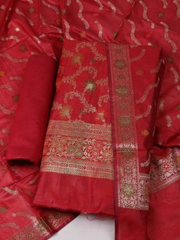 MEENA BAZAAR - Women Maroon Woven Chanderi Unstitched Kurta with Bottom and Dupatta
