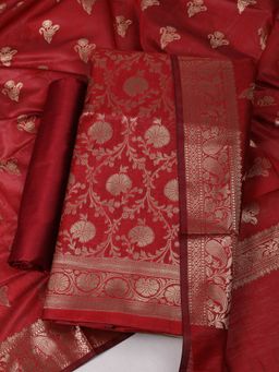 MEENA BAZAAR - Women Woven Maroon Chanderi Unstitched Kurta with Bottom and Dupatta