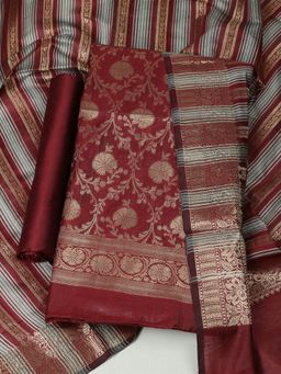 MEENA BAZAAR - Women Maroon Woven Chanderi Unstitched Kurta with Bottom and Dupatta
