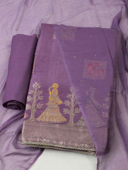 MEENA BAZAAR - Woven Purple Chanderi Unstitched Kurta with Bottom and Dupatta
