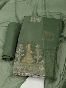 MEENA BAZAAR - Women Woven Green Chanderi Unstitched Kurta with Bottom and Dupatta