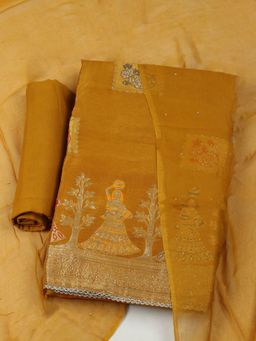 MEENA BAZAAR - Women Woven Yellow Chanderi Unstitched Kurta with Bottom and Dupatta