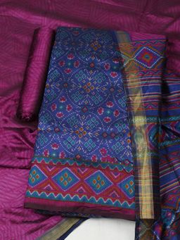 MEENA BAZAAR - Printed Blue Art Silk Unstitched Kurta with Bottom and Dupatta