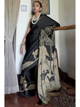 Mysilklove - Soot Black Printed Satin Crepe Silk Saree With Unstitched Blouse