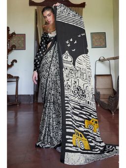 Mysilklove - Ink Black and White Printed Satin Crepe Silk Saree With Unstitched Blouse