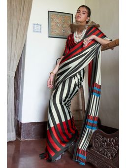 Mysilklove - Crow Black and White Stripes Printed Satin Crepe Silk Saree With Unstitched Blouse