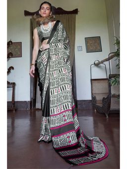 Mysilklove - Gunmetal Black and White Printed Satin Crepe Silk Saree With Unstitched Blouse