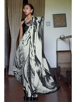 Mysilklove - Black Raisins and White Printed Satin Crepe Silk Saree With Unstitched Blouse