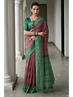 Mysilklove - Eggplant Purple and Green Printed Tussar Silk Saree With Unstitched Blouse