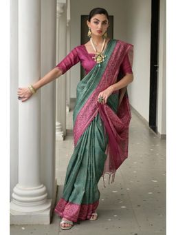 Mysilklove - Amazon Green Printed Tussar Silk Saree With Unstitched Blouse