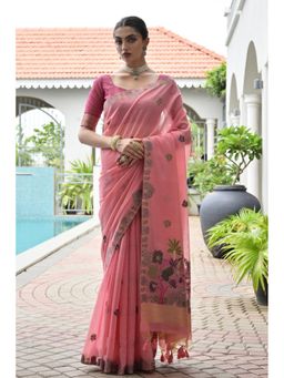 Mysilklove - Mulberry Pink Woven Muga Cotton Saree With Unstitched Blouse