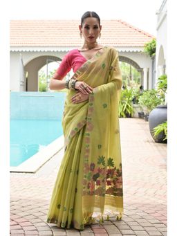 Mysilklove - Jad Green Woven Muga Cotton Saree With Unstitched Blouse