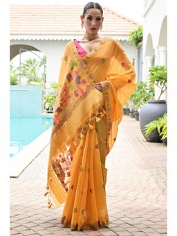 Mysilklove - Turmeric Yellow Woven Muga Cotton Saree With Unstitched Blouse