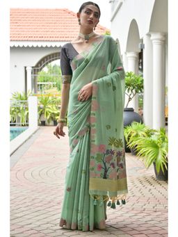 Mysilklove - Mentor Green Woven Muga Cotton Saree With Unstitched Blouse