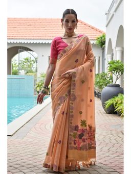 Mysilklove - Maple Peach Woven Muga Cotton Saree With Unstitched Blouse