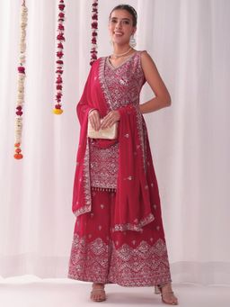 Chhabra 555 - Women Pink Viscose Rayon Embroidered Kurta with Palazzo and Dupatta