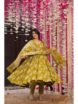 Wedani - Olive Floral Anarkali Kurta with Pant and Dupatta