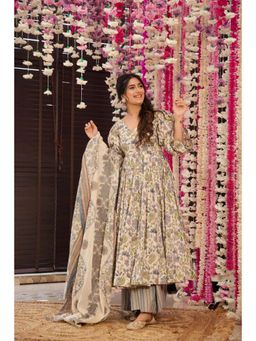 Wedani - Beige Floral Anarkali Kurta with Palazzo and Dupatta