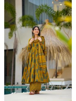 Wedani - Mustard Leaf-Print Anarkali Kurta with Palazzo and Dupatta