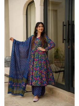 Wedani - Blue Floral Printed Anarkali Kurta with Palazzo and Dupatta
