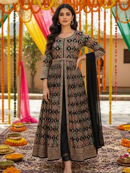 Chhabra 555 - Women Black Georgette Embroidered Kurta with Pant and Dupatta
