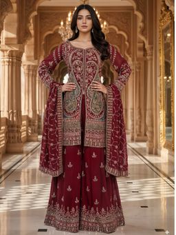 Chhabra 555 - Women Maroon Georgette Embroidered Kurta with Palazzo and Dupatta