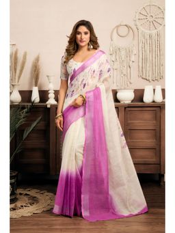 Elora - White Linen Printed Pre Draped Saree With Unstitched Blouse