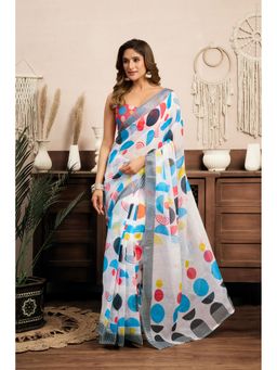 Elora - White Linen Geometric Printed Pre Draped Saree With Unstitched Blouse